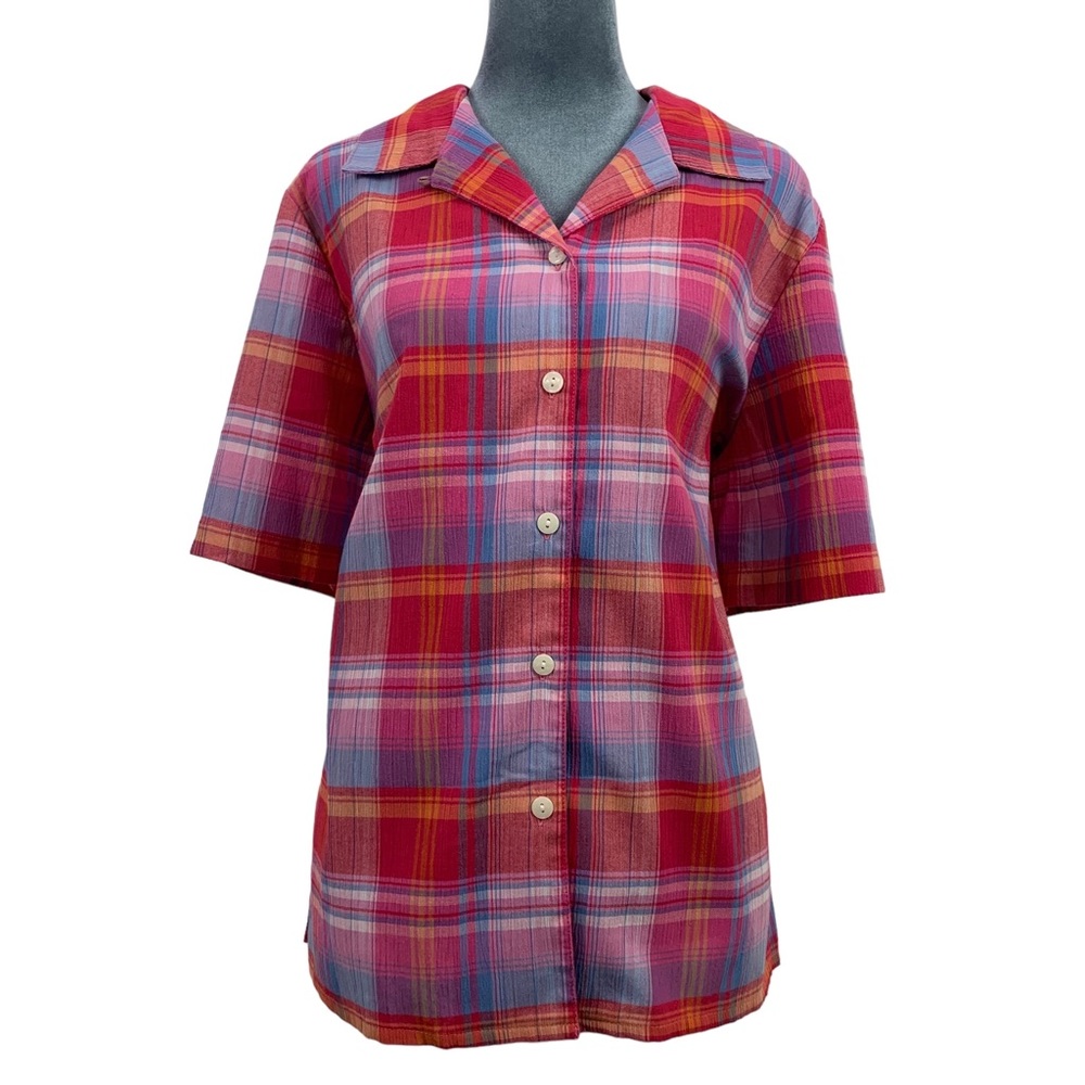 Vintage 80s Allison & Co Womens Medium Pink Orange Blue Plaid Boxy Button Front